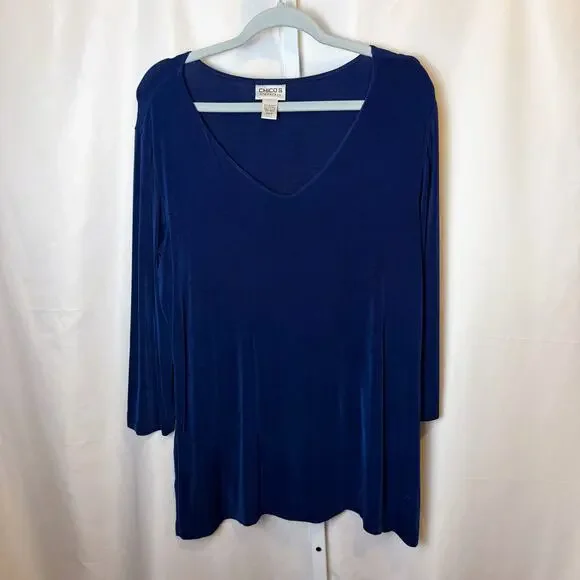 Chicos Travelers Size 2 Large Blue Stretch Knit Tunic Top Long Sleeve USA Office - Picture 1 of 5